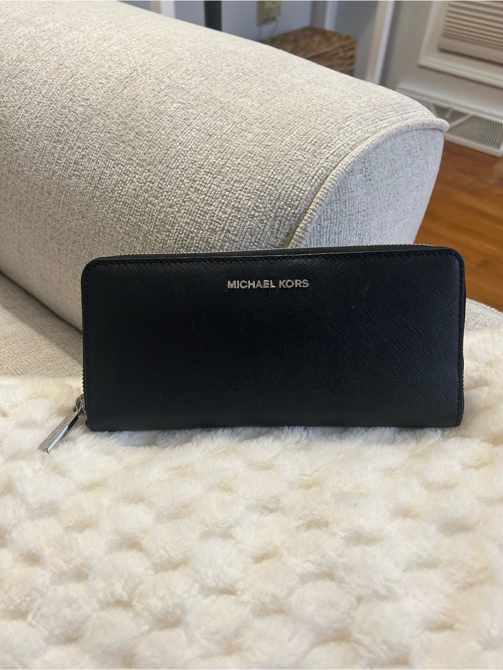 Michael Kors Black Zip Around Continental Wallet with Silver Logo